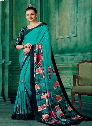 Teal Festival Pure Crepe Contemporary Saree