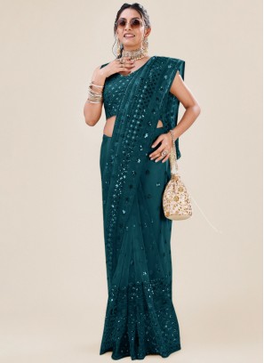 Teal Sequins Saree