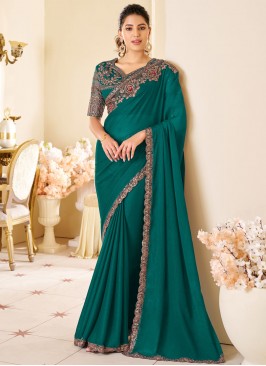 Teal Shimmer Georgette Designer Saree