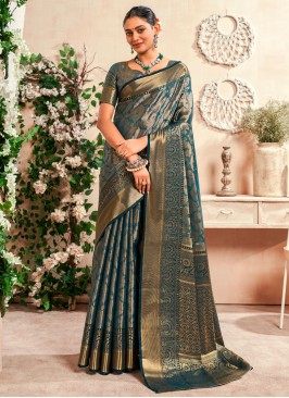 Teal Zari Ceremonial Contemporary Saree