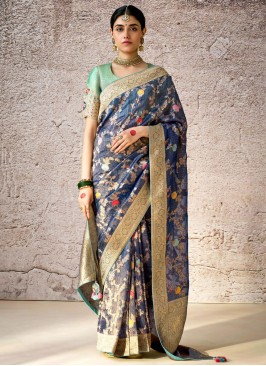 Thread Banarasi Silk Classic Saree in Navy Blue