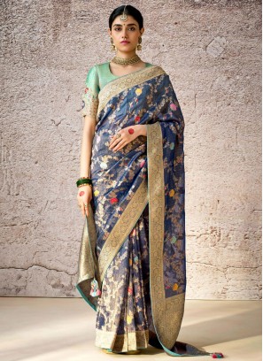 Thread Banarasi Silk Classic Saree in Navy Blue