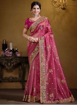 Thread Organza Classic Saree in Rani