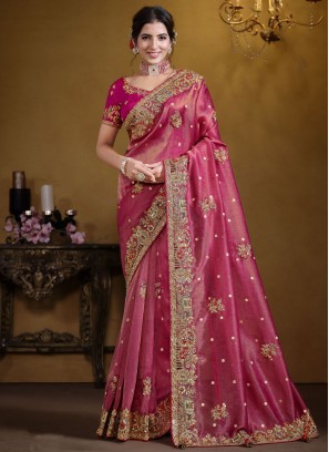 Thread Organza Classic Saree in Rani