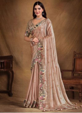 Thread Satin Silk Trendy Saree in Peach