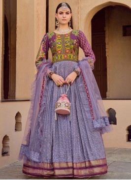 Thread Silk Readymade Floor Length Gown  in Lavender