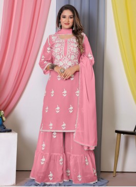 Thread Work Georgette Salwar Kameez in Pink