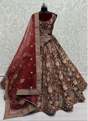 Thrilling Maroon Velvet Trendy Lehenga Choli