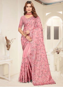 Tiptop Peach and Pink Resham Tussar Silk Designer Saree