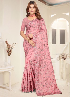 Tiptop Peach and Pink Resham Tussar Silk Designer Saree