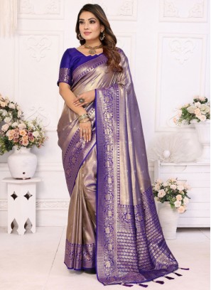 Tissue Zari Beige and Violet Classic Saree