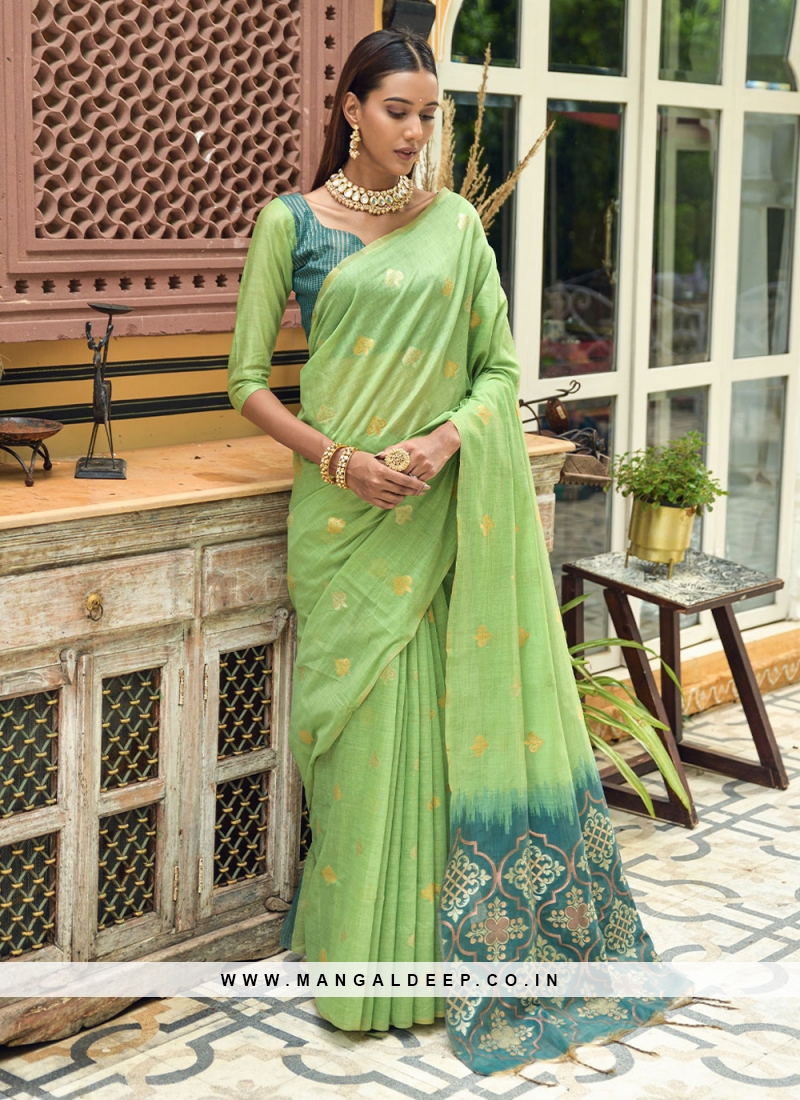 Janasya Women's Sea Green Chanderi Silk Paisley Saree with Unstitched Blouse  Piece : Amazon.in: Fashion