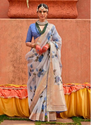 Topnotch Digital Print Aqua Blue Classic Saree