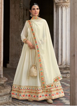 Topnotch Off White Embroidered Designer Floor Length Suit