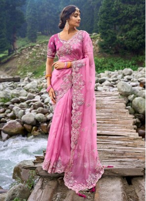 Topnotch Organza Embroidered Pink Designer Saree