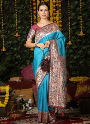 Topnotch Woven Turquoise Trendy Saree