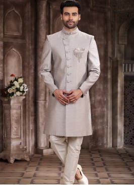Traditional Light Gray Art Silk Embroidered with A