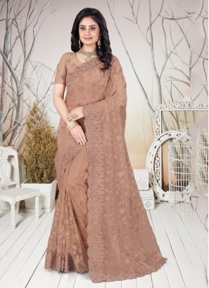 Traditional Designer Saree Resham Net in Brown