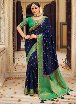 Traditional Saree Border Fancy Fabric in Green and Navy Blue
