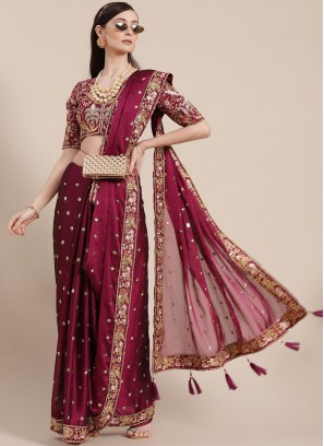 Traditional Saree Embroidered Art Silk in Burgundy