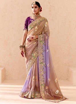 Traditional Saree Khatli Work Silk in Beige and Lavender