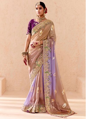 Traditional Saree Khatli Work Silk in Beige and Lavender