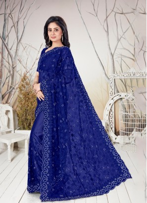 Traditional Saree Resham Net in Blue