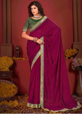 Transcendent Vichitra Silk Lace Magenta and Rani Classic Saree