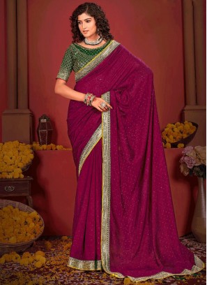 Transcendent Vichitra Silk Lace Magenta and Rani Classic Saree