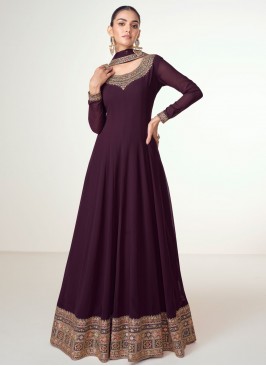 Trendy Gown Embroidered Pure Georgette in Purple