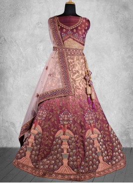 Trendy Lehenga Choli Zardosi Work Velvet in Maroon and Peach