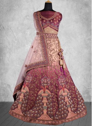 Trendy Lehenga Choli Zardosi Work Velvet in Maroon and Peach