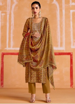 Trendy Salwar Kameez Embroidered Muslin in Mustard