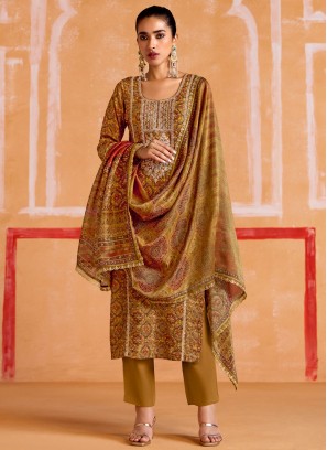 Trendy Salwar Kameez Embroidered Muslin in Mustard