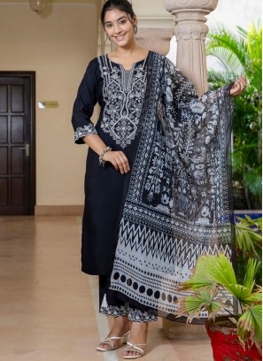 Trendy Salwar Kameez Embroidered Silk Blend in Black