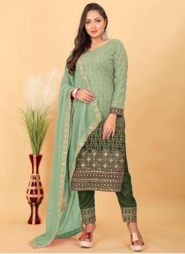 Trendy Salwar Kameez Zari Faux Georgette in Sea Gr