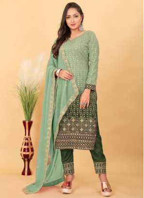 Trendy Salwar Kameez Zari Faux Georgette in Sea Green