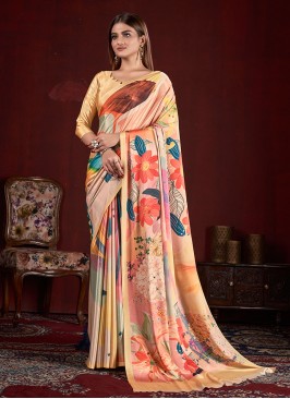 Trendy Saree Digital Print Crepe Silk in Beige