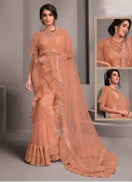 Trendy Saree Embroidered Net in Brown