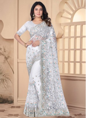 Trendy Saree Embroidered Net in White