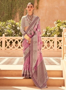 Trendy Saree Foil Print Raw Silk in Pink