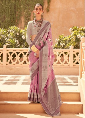 Trendy Saree Foil Print Raw Silk in Pink