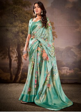 Trendy Saree Print Cotton Silk in Firozi