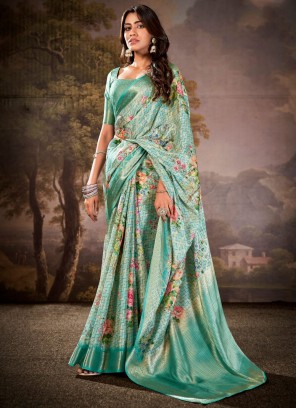 Trendy Saree Print Cotton Silk in Firozi