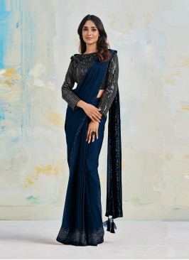 Trendy Saree Sequins Satin Silk in Navy Blue