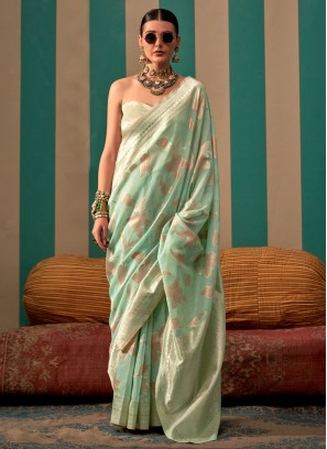 Trendy Saree Weaving Linen in Sea Green