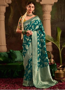 Trendy Saree Weaving pure-dola in Morpeach  and Teal