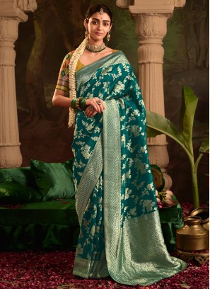 Trendy Saree Weaving pure-dola in Morpeach  and Teal