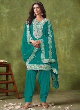 Turquoise Chanderi Embroidered Designer Salwar Kameez