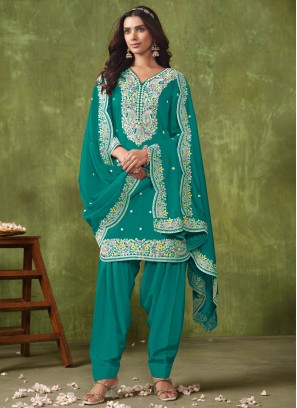 Turquoise Chanderi Embroidered Designer Salwar Kameez